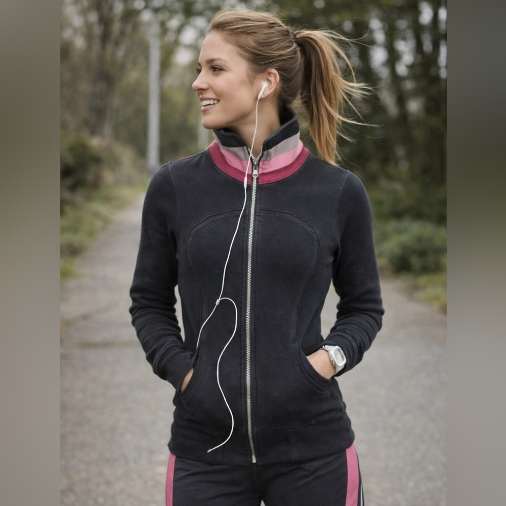 Lululemon Scuba Jacket Black Pink Stripe Collar Zip Up Athletic